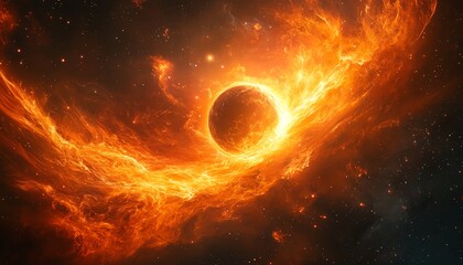 cosmic inferno scene featuring a fiery nebula engulfing a distant planet, swirling flames and intens