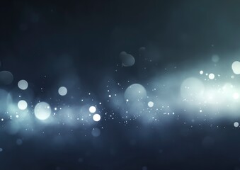 Wall Mural - Abstract dark background with lights, blurry, foggy, bokeh, light gray and navy blue, horizontal line of lights in the bottom right corner