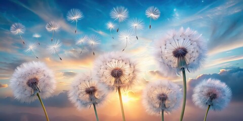 Wall Mural - Serene Sunset Landscape Featuring Several Dandelion Seed Heads with Seeds Dispersing on a Gentle Breeze