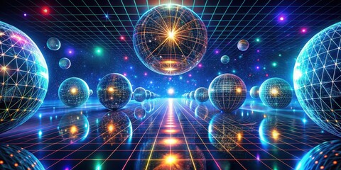 Wall Mural - a futuristic vision of interconnected spheres in a neon gridded cosmos, reflecting infinite possibil