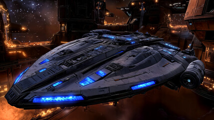 Wall Mural - A sleek spaceship navigates a bustling space dock illuminated by blue lights and surrounded by starry skies, showcasing advanced design and technology.
