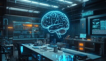 Aufkleber - Wide hologram of an artificial intelligence brain in a futuristic factory lab
