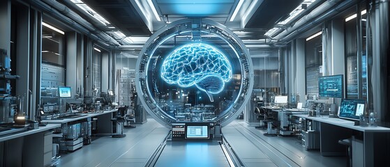 Aufkleber - Futuristic artificial intelligence brain in a hightech factory lab