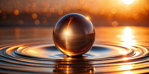 Wall Mural - golden sphere resting on rippling reflective surface at sunset, evoking tranquility and inner peace