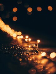 Wall Mural - A close-up of glowing lights on the bottom edge against a dark background, creating an abstract bokeh effect