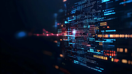 Abstract Digital Data Visualization with Blue and Red Light Displaying a Network Grid with a Dark Background