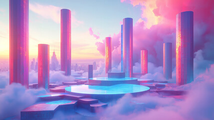 Wall Mural - multiple layered circular blue platforms surrounded by vibrant cylinders set against pink clouds