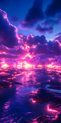 Wall Mural - Hyper-realistic indigo sky bathed in neon pink with glowing mist and billowing clouds forming a magical scene