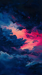 Wall Mural - Dark sapphire sky evolving into an electric pink dreamscape with swirling luminous clouds floating in the distance