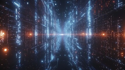 Wall Mural - Digital lines tunnel with orange dots. Data visual for technology