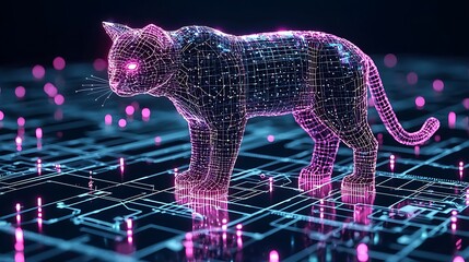 Wall Mural - Digital pink wireframe cat walks on a glowing blue circuit board with bokeh dots