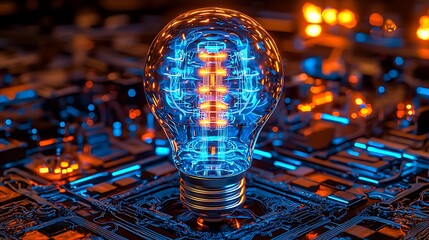 Wall Mural - Lit Lightbulb with Electronic Circuitry Background for Technology Concepts