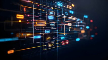 Abstract Digital Network Structure With Bright Lines And Colorful Geometric Shapes On Dark Blue Background