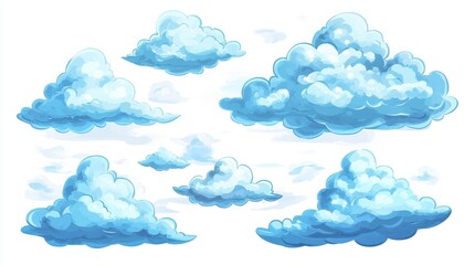 Poster - Collection of Soft Blue Pixel Clouds, Digital Illustration
