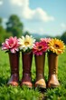 © Jameo - Four flower-filled boots placed side by side in a field, arrangement, flowers