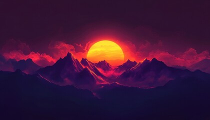 Wall Mural - pixel art sunset over majestic mountains