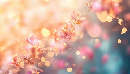 Leinwandbilder - Soft Pink and Gold Blossoms in Sunlight, Dreamy Spring Floral Background