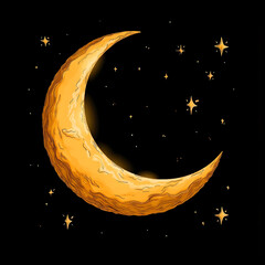 Wall Mural - Golden Crescent Moon Amidst Sparkling Stars In Night Sky