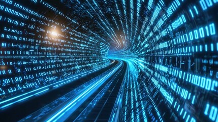 Digital data stream with glowing lines on a blue background, representing a cyber speedway or train moving fast through a dark tunnel of binary code, symbolizing information technology.