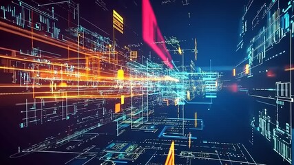 Wall Mural - Abstract digital landscape with glowing lines and data elements representing technology and information.