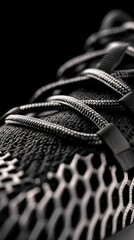 Intertwined Shoelaces on a Black and Gray Sneaker with Honeycomb Pattern Close Up View