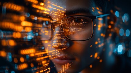 Focused programmer with code reflection in glasses.