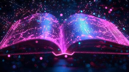 Wall Mural - Glowing digital book, global network, dark background, future technology, data visualization