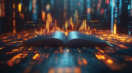 Open book, glowing data charts, digital future, night city background, education tech concept
