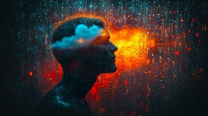 Wall Mural - silhouette of man with cloud head under rain, sun and rainbow.