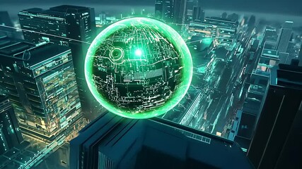 Wall Mural - A futuristic digital landscape featuring a glowing spherical object with circuit patterns.