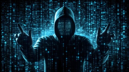 A cloaked person controls binary code with raised hands