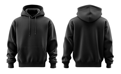 black hoodie with front pocket and drawstring hood, versatile and stylish