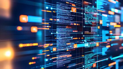 Abstract Digital Data Stream With Glowing Pixels and Orange Icons on a Dark Blue Background