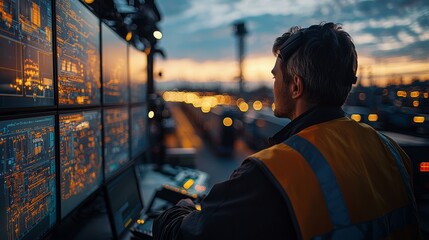 Operator Monitoring Data at Sunset in Industrial Setting