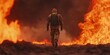 © Luminostock 54 - fiery melt grim concept. A soldier walks through a fiery landscape, embodying bravery amidst chaos and destruction.