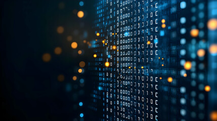 Abstract Digital Blue Grid with Glowing Orange Lights and Binary Code on a Dark Background