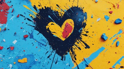 Aufkleber - Heart painted in red on a vibrant yellow and blue wall with artistic urban street style