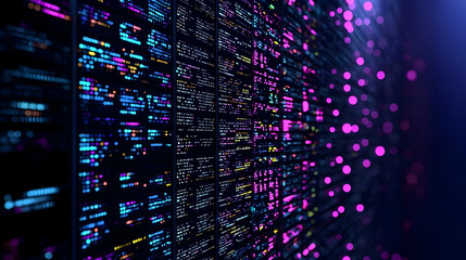 Abstract Digital Data Visualization with Grid Pattern and Colorful Light against Dark Background
