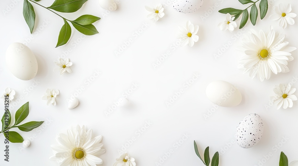 Easter background with white flowers and eggs on the right side, flat ...