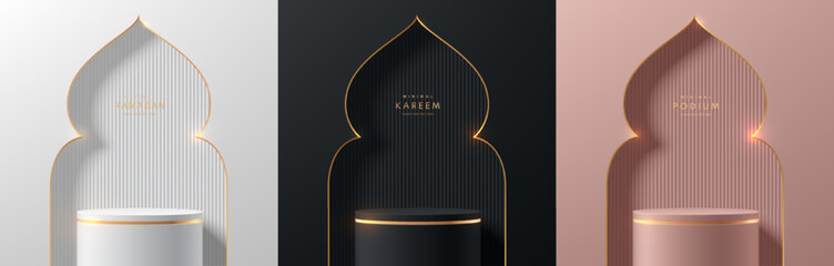Wall Mural - set of ramadan kareem 3d podium background in black, silver, pink gold with gate mosque shape and so