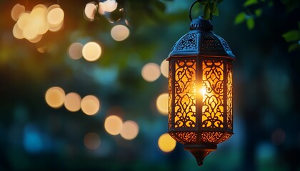 A glowing lantern hanging on a tree with blurred background bokeh