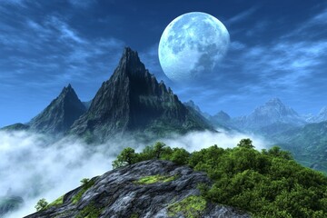 Wall Mural - A mysterious gothic peninsula with towering black cliffs, eerie fog rolling over the landscape, and a full moon casting shadows