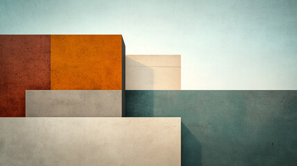 Poster - Geometric abstract minimalism with muted colors, featuring overlapping rectangular shapes in earthy tones against textured background