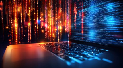 Laptop coding digital rain background, software development