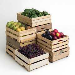 Wall Mural - Fresh fruits in wooden boxes isolated on white background.