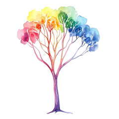 The image depicts a rainbow tree painted in watercolor with vibrant colors and delicate brushstrokes.
