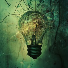 Fototapete - A Fractured Idea:  Lightbulb Illuminating a Distressed Green Background with Hints of Innovation and Conceptual Thought