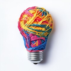 Poster - Colorful Yarn Wrapped Light Bulb: A Bright Idea for Creativity and Sustainability Displayed on a White Backdrop.