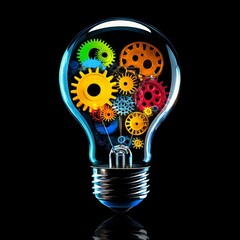 Fototapete - Illuminating Ingenuity: A Light Bulb Filled with Colorful Gears, Symbolizing the Mechanisms of Ideas and Innovation on Black