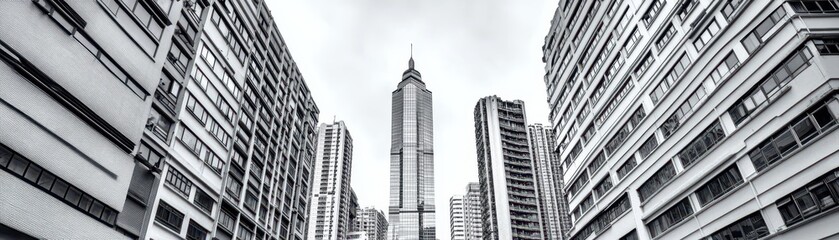 Fototapete - Black and White Cityscape Tall Buildings and Geometric Lines